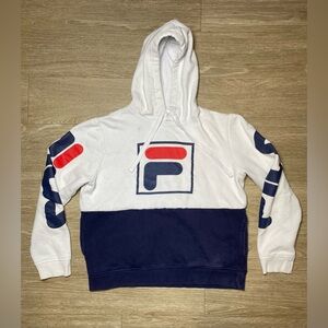 Men Size Small FILA Marzio Pullover Hoodie Mens White Navy Adjustable Drawstring